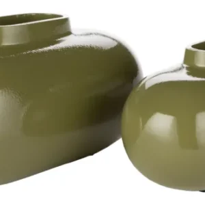 Gesamtansicht der Vase Droplet S Dutchbone Grün in glänzendem Grün mit zwei ovalen Größenvarianten nebeneinander.