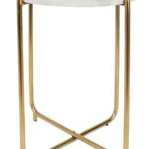 Beistelltisch Timpa mit runder weißer Marmorplatte und goldenem Metallgestell in Gesamtansicht.