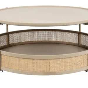 Couchtisch Makoto rund, Japandi-Stil mit Rattan-Details in Beige