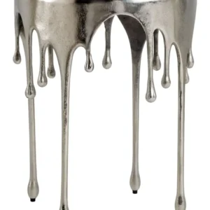 Beistelltisch Silber mit Tropfen-Design aus Aluminium, runde Tischplatte mit herabhängenden Tropfenelementen.