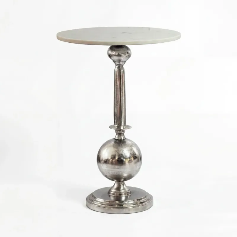 Beistelltisch Rund Marmor Weiß mit silbernem Metallgestell im Art-Déco-Design, Gesamtansicht von vorne.