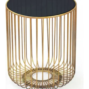 Beistelltisch Gold Rund mit schwarzer Glasplatte und goldenem Metallgestell in Gitteroptik, Gesamtansicht.