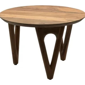 Couchtisch Rund Akazie Massivholz mit runder Tischplatte und geschwungenen Holzbeinen in Gesamtansicht.
