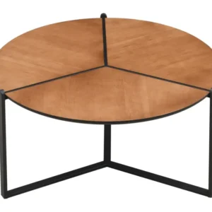 Couchtisch 80cm Wohnling mit runder brauner Holzoptik-Platte und schwarzem Dreibein-Metallgestell in Gesamtansicht.