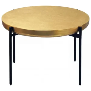 Couchtisch Rund Gold aus Aluminium mit goldener runder Tischplatte und schwarzem Eisengestell, Gesamtansicht.