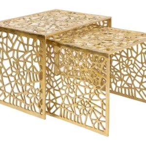 Satztisch-Set Aluminium Gold, 2-teilig mit verschachtelten Tischen und durchbrochenen Seitenwänden in Gesamtansicht.
