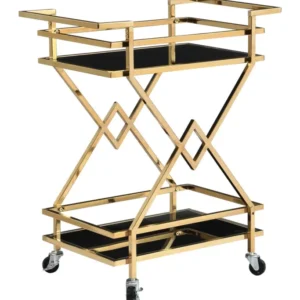 Servierwagen Gold mit zwei schwarzen Glasablagen und goldfarbenem Metallrahmen in Gesamtansicht.