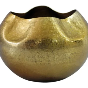 Gesamtansicht der Design-Tischvase Aluminium Gold mit gewelltem Rand und goldener Oberfläche.