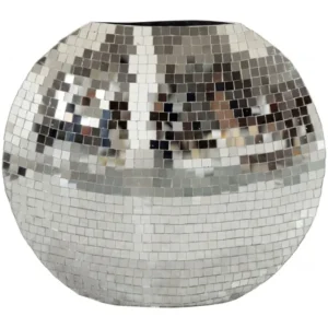 Tischvase Mosaik Silber mit silbernen und mehrfarbigen Spiegelplättchen in kugeliger Form, Gesamtansicht.