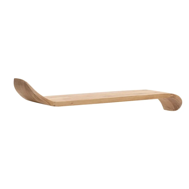Wandregal Mango Massivholz 120cm mit geschwungenen Enden von Wohnling in Braun, Gesamtansicht von der Seite.