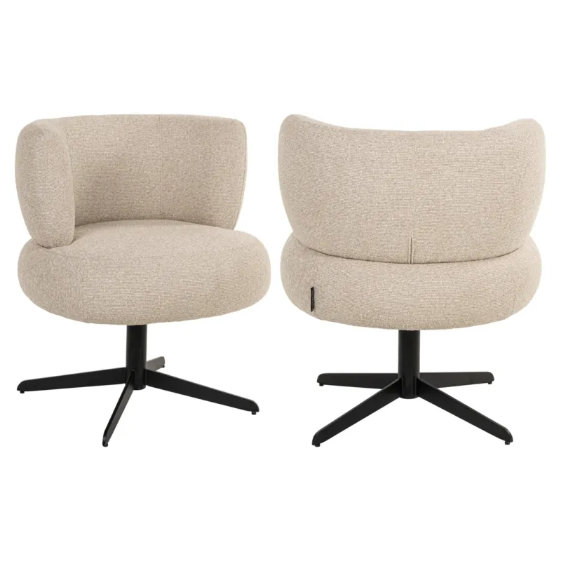 Esszimmerstuhl Alexis Biscotti drehbar in Beige mit gepolsterter Rückenlehne und schwarzem Drehfuß, Vorder- und Rückansicht.