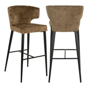 Barhocker Taylor Brandy Fusion mit braunem Bezug und schwarzem Metallgestell in Vorder- und Rückansicht.