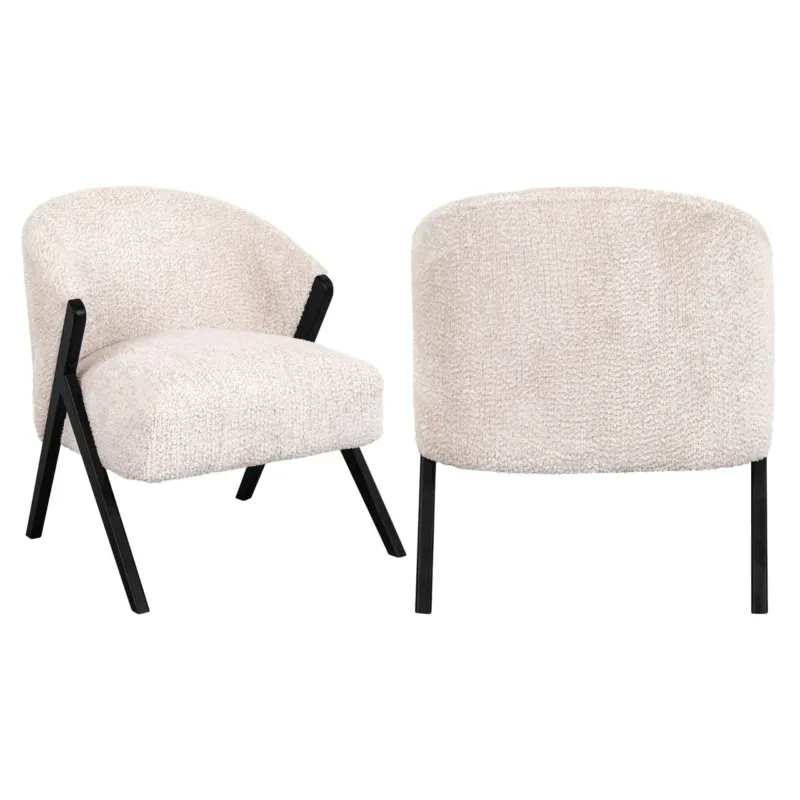 Richmond Lounge Stuhl Mia in Creme mit schwarzen Beinen, Vorder- und Rückansicht.