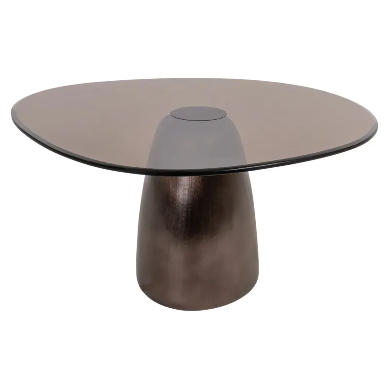 Couchtisch Hayden Bronze mit runder rauchgrauer Glasplatte und konischem Aluminium-Gestell in Gesamtansicht.