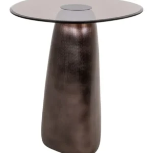 Beistelltisch Hayden Bronze mit rundem Glastablett und kegelförmigem Metallgestell in Gesamtansicht.