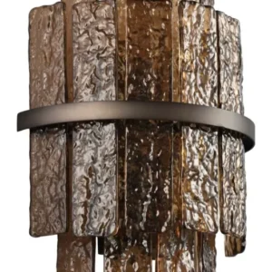 Wandlampe Lumy braun mit strukturiertem Glas in Brauntönen und eiserner Halterung, Gesamtansicht von vorne.