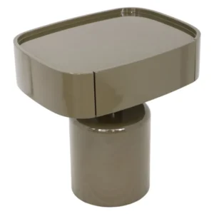 Nachttisch Sage Clay green mit abgerundeter rechteckiger Tischplatte und zylindrischem Gestell in Gesamtansicht.