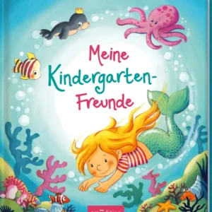 Das Buchcover zeigt eine fröhliche Unterwasserwelt mit bunten Fischen und einer Meerjungfrau mit orangefarbenem Haar und Streifenoberteil. Im Hintergrund sind ein freundlicher Oktopus und ein kleiner Delfin zu sehen. Der Titel „Meine Kindergarten-Freunde“ ist in spielerischer, runder Schrift in Rot und Blau gehalten. Oben links schimmert ein leuchtend blauer Farbton, der die fröhliche Atmosphäre unterstreicht. Ganz unten mittig steht der Logoschriftzug von arsEdition.