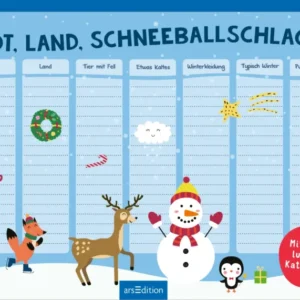 Das Buchcover zeigt einen winterlichen Hintergrund in sanften Blautönen mit schneebedecktem Boden. Im Vordergrund sind verschiedene niedliche Tiere, darunter ein Fuchs, ein Rentier, ein Schneemann und ein Pinguin, die fröhlich in einer verschneiten Landschaft stehen. Über ihnen prangt der Titel „STADT, LAND, SCHNEEBALLSCHLACHT“ in großen, verspielten, weißen Buchstaben. In der unteren rechten Ecke befindet sich ein roter Button mit dem Text „Mit vielen lustigen Kategorien“. Ganz...