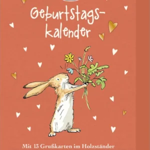 Auf einem warmen, terrakottafarbenen Hintergrund ist ein fröhlicher Hase abgebildet, der mit seinen Vorderpfoten eine bunte Blumenstrauß hält. Um ihn herum sind kleine goldene und weiße Herzen verteilt, die eine herzliche Atmosphäre erzeugen. Der Titel „Geburtstagskalender“ ist in verspielter, handgeschriebener Schrift in Weiß platziert. Darunter steht der Hinweis „Mit 13 Grußkarten im Holzständer“. Ganz unten mittig steht der Logoschriftzug von arsEdition.