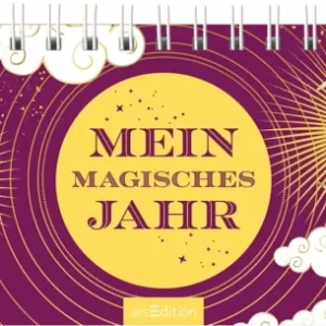 Das Buchcover zeigt einen tiefen lila Hintergrund mit verspielten, weißen Wolken. In der Mitte ist ein großer, gelber Kreis, der den Titel „MEIN MAGISCHES JAHR“ in markanten, braunen Buchstaben präsentiert. Links ist eine strahlende Sonne, rechts ein Halbmond abgebildet, umgeben von goldenen Strahlen und kleinen Sternen. Unten rechts befindet sich der Hinweis „Wochenplaner 2027“. Ganz unten mittig steht der Logoschriftzug von arsEdition.