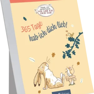 Das Buchcover zeigt einen sanften, hellen Hintergrund in Gelbtönen. Oben prangt der Titel „Abreißkalender 2027“ in roten Großbuchstaben. Eine verspielte Schriftart gehört dem zentralen Slogan „365 Tage hab ich dich lieb!“, der in einer Mischung aus roten und blauen Buchstaben gestaltet ist. Neben dem Text sind niedliche Illustrationen von einem liegenden Hasen und einer kleinen Maus sowie pflanzlichen Elementen zu sehen, die eine liebevolle Atmosphäre erzeugen. Oben mittig ist ein...