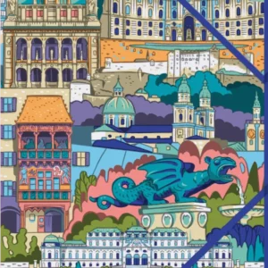 Das Buchcover zeigt eine bunte Collage von historischen Gebäuden und Denkmälern, die in lebhaften Farben illustriert sind. Zu sehen sind verschiedene Architektur-Stile, darunter ein prächtiges Schloss und eine Brunnenfigur in Form eines Drachen. Die farbenfrohe Gestaltung vermittelt eine fröhliche und einladende Atmosphäre. Oben rechts befindet sich ein kleiner Hinweis „SPIEGEL Bestseller“. Ganz unten mittig steht der Logoschriftzug von arsEdition.