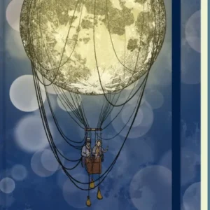 Vor einem tiefen Blau mit unscharfen Lichtkreisen schwebt ein großer Mond als Heißluftballon, fein gezeichnete Linien verbinden ihn mit einem Korb, in dem zwei Figuren sitzen. Mond in warmem Goldgelb, Details in Schwarz und Sepia, rechts ein dunkles Vertikalband mit weißer senkrechter Schrift „my NOTES“. Illustration wirkt poetisch und verträumt. Ganz unten mittig steht der Logoschriftzug von arsEdition.