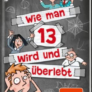 Das Cover von "Wie man 13 wird und überlebt" von Pete Johnson zeigt auf einem grauen Hintergrund einen Jungen mit überraschter Miene, der sich an den Kopf greift. Um ihn herum sind Skizzen von gruseligen Dingen angeordnet. Außerdem werden verschiedene andere Figuren abgebildet. Darunter eine Frau mit einer Torte, ein Mädchen mit schwarzen Haaren und zwei Männer. Der Titel ist in großen, roten Buchstaben auf weißen, angerissenen Notizzetteln platziert. Ein orangefarbener Button...