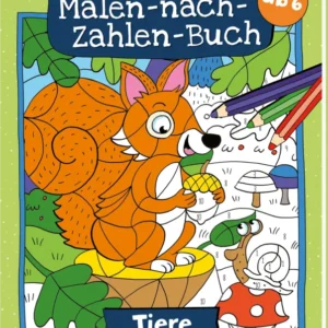 Das Cover zeigt ein buntes, verspieltes Design mit einem orangefarbenen Fuchs, der in einer Zeichnung sitzt. Er ist von Naturmotiven umgeben, darunter ein großer Pilz und eine Schnecke. Über dem Fuchs steht in blauer Schrift „Mein dickes Malen-nach-Zahlen-Buch“ und darunter in kleinerer Schrift „Tiere“. Mehrere kunterbunte Buntstifte sind seitlich angeordnet. Oben rechts befindet sich ein Kreissymbol mit der Aufschrift „ab 6“. Ganz unten mittig steht der Logoschriftzug von...