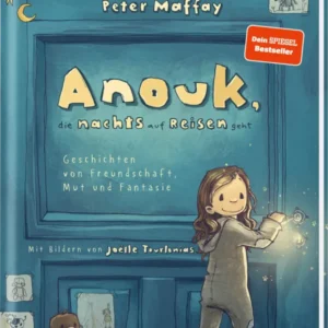 Das Cover zeigt das Mädchen Anouk mit braunen Haaren, das fröhlich schaut und einen kleinen Affen an der Seite hat. Sie steht vor einer blauen Tür, unter der ein Lichtschein zu sehen ist und hat eine Hand auf den Türgriff gelegt. Der Titel „Anouk, die nachts auf Reisen geht“ ist in großen, verspielten Buchstaben platziert. Unten steht der Text „Geschichten von Freundschaft, Mut und Fantasie“ sowie der Hinweis „Mit Bildern von Joëlle Tourlonias“. Am oberen Rand stehen die...