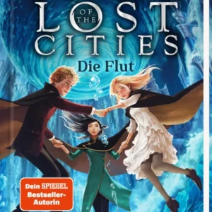 Das Cover von „Keeper of the Lost Cities: Die Flut“ zeigt drei zentrale Figuren in einem dynamischen, magischen Umfeld. Eine rote, schwarz-weiße Farbpalette kontrastiert mit leuchtenden blauen und grünen Elementen. Der Titel ist in großen, silbernen Buchstaben hervorgehoben, während Shannon Messengers Name oben platziert ist. Links befindet sich ein oranger Button mit dem Text „Dein SPIEGEL Bestseller-Autorin“. Ganz unten mittig steht der Logoschriftzug von arsEdition.