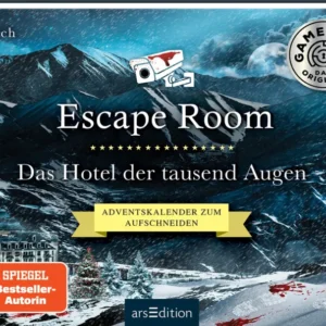 Das Buchcover zeigt eine düstere, schneebedeckte Berglandschaft unter einem bewölkten Himmel. Im Vordergrund ist ein stilisiertes Hotel abgebildet, das geheimnisvoll und unheimlich wirkt. Der Titel „Escape Room“ steht groß in eleganter Schrift, gefolgt von „Das Hotel der tausend Augen“ in einer verspielten Typografie. In der linken unteren Ecke ist ein roter Button mit „SPIEGEL Bestseller-Autorin“ zu sehen. Ganz unten mittig steht der Logoschriftzug von arsEdition.