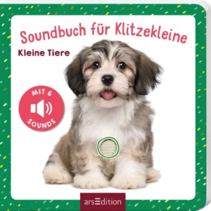 Das Buchcover zeigt einen süßen, flauschigen Hundewelpen auf einem weißen Hintergrund. Der Titel „Soundbuch für Klitzekleine“ ist in fröhlicher, roter Schrift oberhalb des Bildes platziert, während darunter „Kleine Tiere“ in einer einfacheren Schriftart steht. In der oberen linken Ecke befindet sich ein roter Button mit dem Text „MIT 6 SOUNDS“. Die grüne Umrandung ist mit bunten Punkten verziert, was das Cover lebhaft und einladend erscheinen lässt. Ganz unten mittig steht...