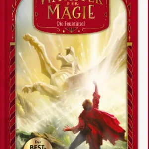 Der Buchtitel „Wächter der Magie – Die Feuerinsel“ ist oben mittig in goldenen, verzierten Buchstaben auf rotem Hintergrund geschrieben. Innerhalb des roten Rahmens zeigt das Cover eine dynamische Szene mit einem Jungen in einem weiten roten Mantel. Er steht auf einem felsigen Untergrund und streckt seinen Arm in die Luft. Aus seiner Hand strahlt ein intensives magisches Licht. Vor ihm erhebt sich ein riesiger geflügelter Löwe. Der Hintergrund ist von goldenem Licht und magischen...
