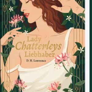 „Auf tiefgrünem, goldgerahmtem Cover eine sinnliche Frauenfigur in weißem, fließendem Gewand mit kastanienbraunen Haaren, umrankt von rosa Blüten und grünen Ranken im Jugendstil. Titel „Lady Chatterleys Liebhaber“ steht zentral in goldener Serifenschrift, darunter Autor „D. H. Lawrence“; unten klein der Hinweis „Illustriert von Olga Kawcinska“. Atmosphäre warm, sinnlich und nostalgisch. Ganz unten mittig steht der Logoschriftzug von arsEdition.