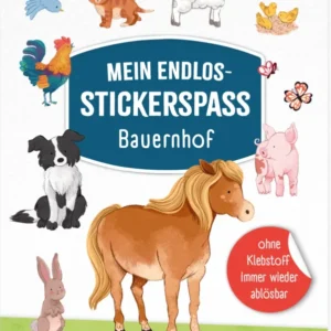 Das Buchcover zeigt ein farbenfrohes, verspieltes Design mit verschiedenen niedlichen Tierillustrationen wie einem Pferd, einem Hund, einer Katze, einem Huhn, einem Schaf und weiteren kleinen Tieren. Der Titel „MEIN ENDLOS-STICKERSPASS“ steht in einer großen, weißen Schrift auf blauem Hintergrund, darunter folgt der Untertitel „Bauernhof“ in kleinerer Schrift. Das Cover strahlt eine fröhliche und einladende Atmosphäre aus. Ganz unten mittig steht der Logoschriftzug von arsEdition.