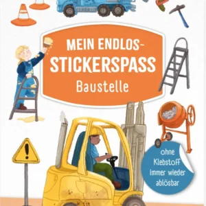 Das Buchcover zeigt eine lebhafte Baustelle, auf der ein Bagger sowie ein Betonmischer zu sehen sind. Eine Kinderfigur mit blonder Haarschnitt hält einen Aufkleber in der Hand, während sie auf einer Leiter steht. Der Hintergrund ist in sanften Farben gehalten, während der Titel „MEIN ENDLOS-STICKERSPASS“ in Orange hervorsticht. Der Untertitel „Baustelle“ steht in Weiß darunter. Links sind Verkehrscones und ein Warnschild abgebildet. Ein blauer Button im unteren rechten Bereich weist...