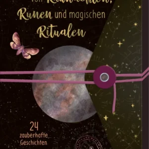 Das Buchcover zeigt einen dunklen, nahezu mystischen Hintergrund, auf dem eine große, halbdunkle Mondgrafik prominent platziert ist. Darüber steht in verschnörkelter, goldener Schrift der Titel „Von Raunächten, Runen und magischen Ritualen“. Ein zarter Schmetterling in Lila ergänzt das Design. Am unteren Rand ist in heller Schrift „24 zauberhafte Geschichten“ zu lesen. Ein lila Bindfaden hält das Cover zusammen. Ganz unten mittig steht der Logoschriftzug von arsEdition.