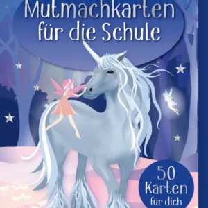 Das Buchcover zeigt ein stilisiertes, graues Einhorn mit einer langen, fließenden Mähne, das in einer märchenhaften Landschaft steht. Eine zarte, kleine Fee schwebt in der Nähe und eine verträumte Farbpalette in Blau- und Lilatönen vermittelt eine positive Atmosphäre. Der Titel „Mutmachkarten für die Schule“ ist in verspielter, weißer Typografie im oberen Bereich platziert. Unten stehen die Worte „50 Karten für dich“ ebenfalls in weißer Schrift. Ganz unten mittig steht der...