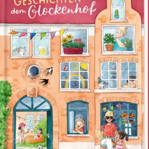 Das Buchcover zeigt ein lebhaftes, mehrstöckiges Gebäude mit einem warmen, orangen Hintergrund. In den Fenstern sind verschiedene Szenen abgebildet, die das sommerliche Leben im „Glockenhof“ zeigen. Oben in größerer Schrift steht „SOMMER-GESCHICHTEN“, darunter in kleinerem Schriftzug „aus dem Glockenhof“. Die fröhliche Typografie in Weiß und Rot vermittelt eine einladende Atmosphäre. Ganz oben links ist der Name der Autorin Christine Schneidermann und der Zeichnerin Frau...