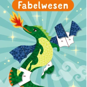 Auf dem Cover des Buches „Mein Mosaik-Stickerbuch Fabelwesen“ ist ein bunter Drache abgebildet, der aus zahlreichen geometrischen Mosaikteilen zusammengesetzt ist. Der Drache ist in verschiedenen Grüntönen gehalten und atmet ein orangefarbenes Feuer. Der Hintergrund zeigt hellblaue Strahlen und Wolken. Der Titel „Fabelwesen“ steht in großer, orangefarbener Schrift, während der Untertitel in dunklerer Schrift darüber platziert ist. Ganz unten mittig steht der Logoschriftzug von...
