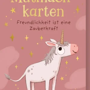 Das Cover der Kartenbox ist in Rosa- und Altrosa-Tönen gehalten. Oben steht mit großen goldenen Serifbuchstaben „Mutmachkarten“, darunter ist in kleiner, feiner Schrift der Untertitel „Freundlichkeit ist eine Zauberkraft“. Ein fröhliches hellrosafarbenes Einhorn mit hellem Horn und grauem Schweif steht auf grünem Gras mit kleinen roten Herzchen, umgeben von goldenen Sternchen. Ganz unten mittig steht der Logoschriftzug von arsEdition.