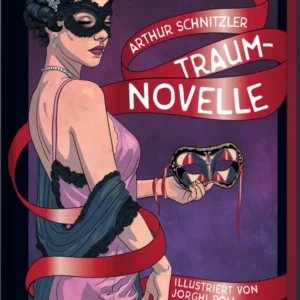 Das Buchcover zeigt eine elegante Frau mit einer schwarzen Maske, die einen verführerischen Blick wirft. Sie trägt ein zartes, pinkes Kleid, das durch einen blauen Schal akzentuiert wird. Im Hintergrund ist ein lilafarbener Verlauf sichtbar. Der Titel „TRAUM-NOVELLE“ ist in auffälligem Weiß und Rot platziert und umgeben von einem roten Band. Der Name des Autors, Arthur Schnitzler, befindet sich oben in weißer Schrift. Ganz unten mittig steht der Logoschriftzug von arsEdition. Daneben...