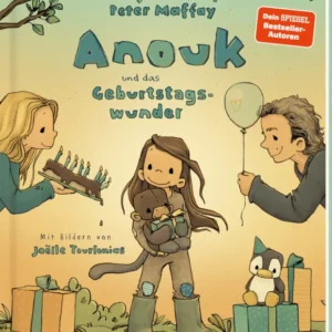 Das Cover hat überwiegend einen gelb-braunen Hintergrund. Zentral abgebildet ist ein Mädchen mit braunen Haaren und einem Stofftier-Affen. Links von ihr ist eine Frau mit einem Geburtstagskuchen und rechts ein Mann mit einem Luftballon. Um sie herum sind Geschenke verteilt. Der Titel „Anouk und das Geburtstagswunder“ sowie die Namen der Autoren Hendrikje Balsmeyer und Peter Maffay stehen oben in einer blau-grünen Schrift. Daneben ist ein roter „Dein SPIEGEL Bestseller-Autoren“-Button...