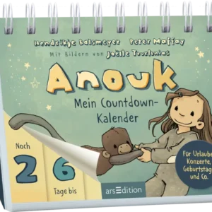 Das Cover zeigt einen Countdown-Kalender mit dem Titel „Anouk“ in großen, verspielten Buchstaben in Gelb und Orange. Der Hintergrund ist in sanften Grün- und Blautönen gehalten. Die Illustration zeigt ein Mädchen mit langen, braunen Haaren, das einen Stoffaffen an den Armen zu sich zieht. Links von ihnen wird eine Seitenecke leicht angehoben, unter der eine Seite des Countdown-Kalenders gezeigt wird. Hier steht „Noch 26 Tage bis“ in einer großen, gut lesbaren Schrift. Am oberen...