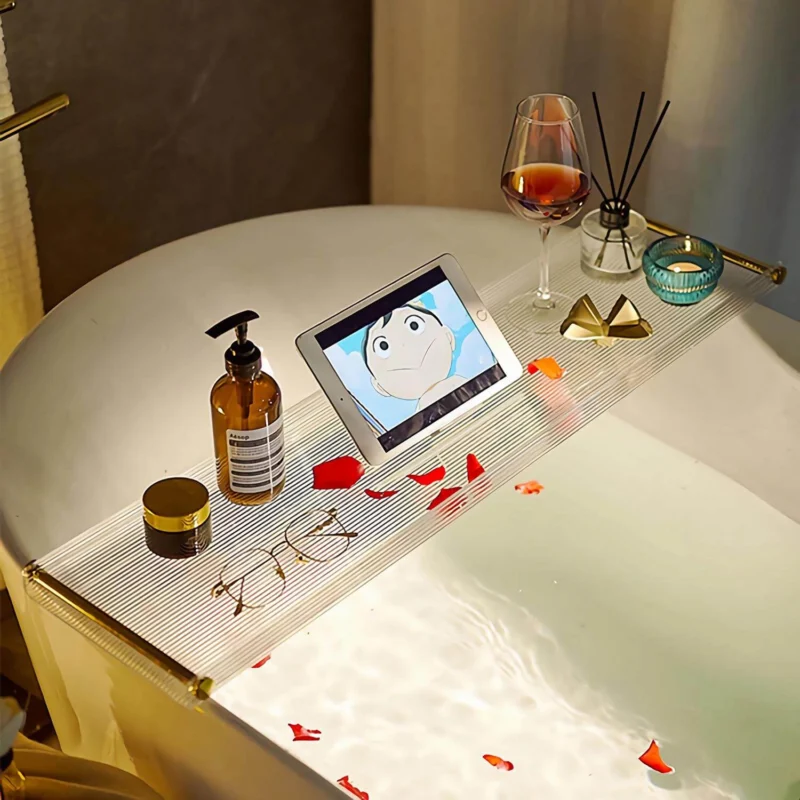 Adjustable acrylic bathtub shelf for reading and phone use
