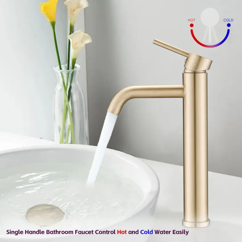 Brushed Gold Tall Single Hole Bathroom Faucet for Vessel Sink
