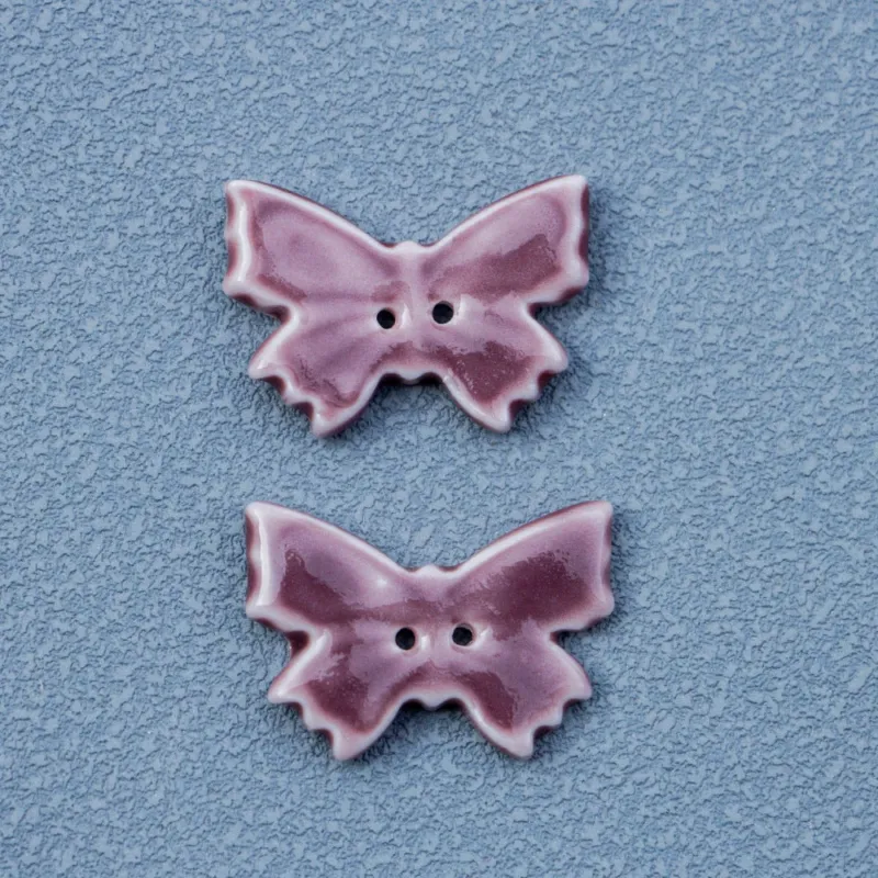 24mm Vintage Purple-Red Butterfly 2-Hole Handmade Ceramic Buttons 6pcs
