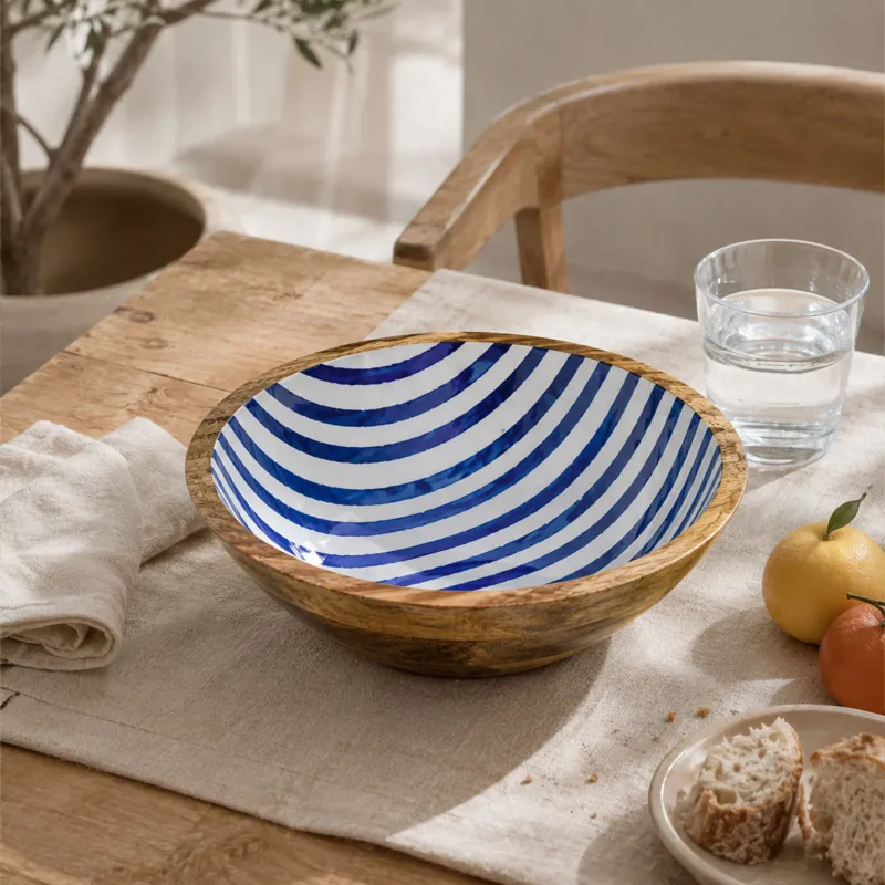 Mangoholz Schale mit Emaille-Muster für Salate & Dekoration - Streifen